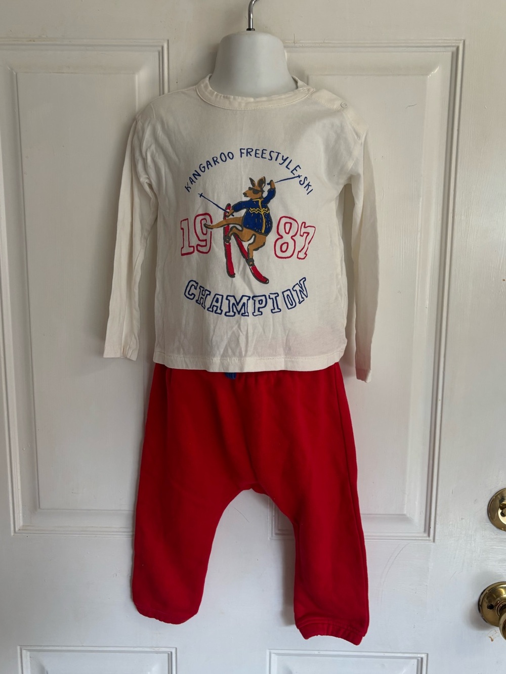24M Tucker + Tate Baby Ivory Egret Kangaroo Freestyle Graphic Tee & Red Pant Set